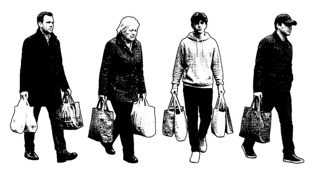 A diverse group of individuals is illustrated walking home with groceries, reflecting daily life and community interaction in a vivid halftone vector style.