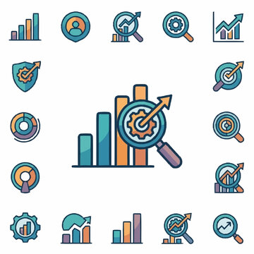 Colorful business analytics icons set with charts and gears.