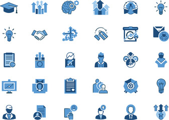Fototapeta premium Business and education icon set with 25 blue symbols representing success, teamwork, innovation, and professional development