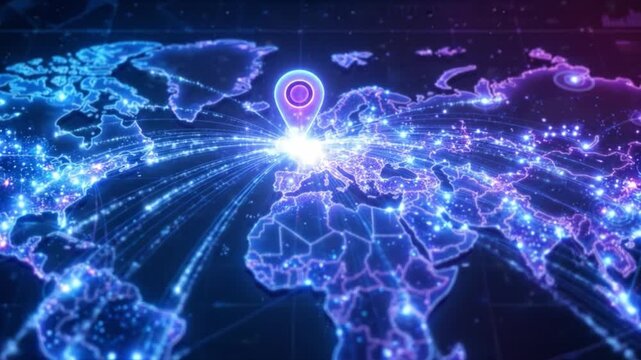 Global digital world map with glowing location pins and network connection showing data flow technology, vibrant communication lines, and illuminated global connectivity in neon blue and purple tones