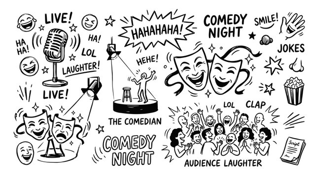 Stand-up Comedy Show Doodle Art: Comedian, Audience Laughter, Joke, Microphone, Masks