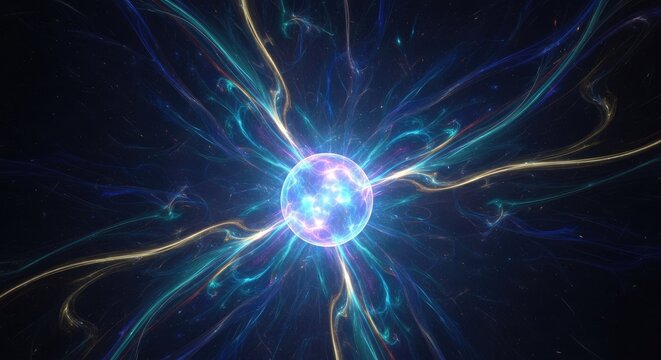 Glowing abstract energy sphere with radiating blue light tendrils.
