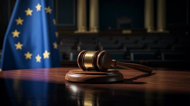 Wooden gavel resting on polished courtroom table with European Union emblem justice concept
