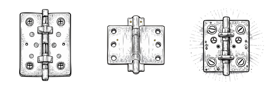 Set of vintage door hinges with screws and intricate details in a sketch style