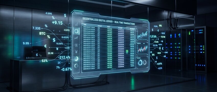 Decentralized digital ledger interface displaying real time financial transactions and cryptocurrency market data in dark server