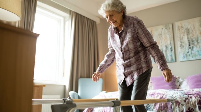 Medium shot of a senior woman balancing on a transfer board between chair and bed focused on her careful movement with blurred room ambiance.