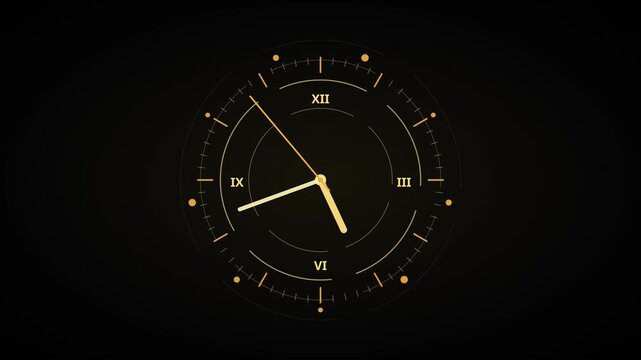 Gold analog clock face motion with roman numerals and smooth second hand rotation time luxury