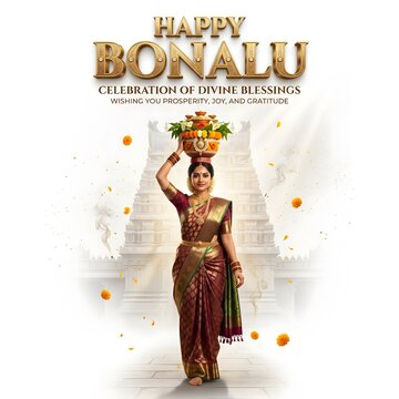 Happy bonalu festival greeting with traditional indian woman carrying