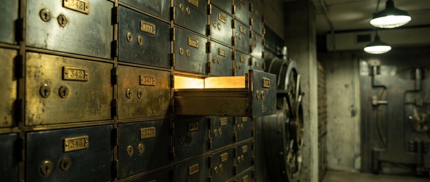 Wall of antique safe deposit boxes with one drawer open glowing with light, suggesting hidden treasures.