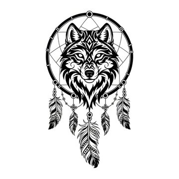Black wolf head within dreamcatcher illustration on white.