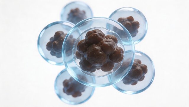 3D microscopic view of stem cell morula enclosed in a blue transparent membrane, biotechnology and cellular division