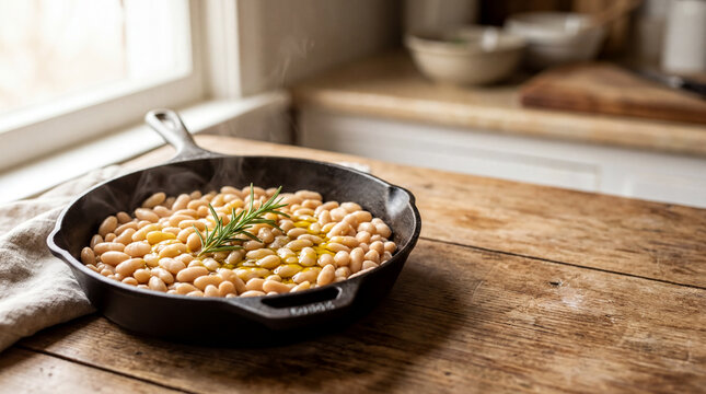 Cooked White Cannellini Beans with Olive Oil and Rosemary in Cast Iron Skillet