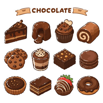 Cute Chocolate Dessert and Bakery Hand Drawn Cartoon Vector Collection Set