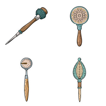 Set of vintage hand tools and decorative objects with wood handles and intricate patterns