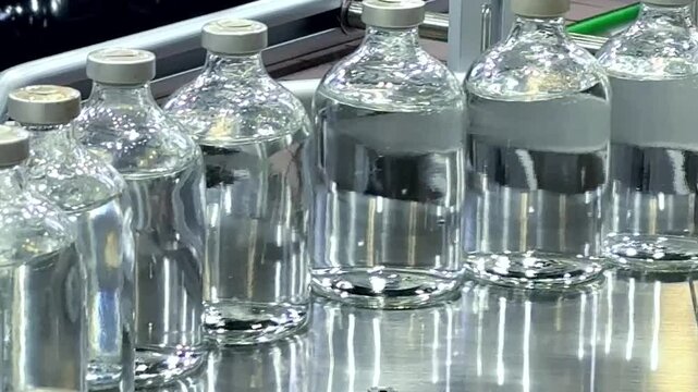 Biotechnology factory conveyor line transporting clear vaccine liquid glass containers