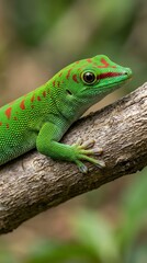 Fototapeta premium Green gecko on branch in natural habitat close-up