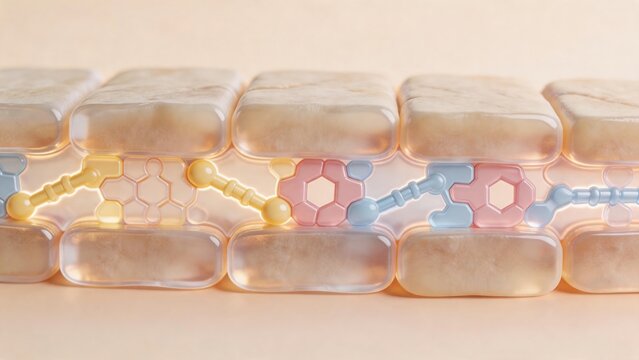 Microscopic 3D render of skin cell blocks connected by colorful polypeptide chains, advanced structural barrier repair and anti-aging concept