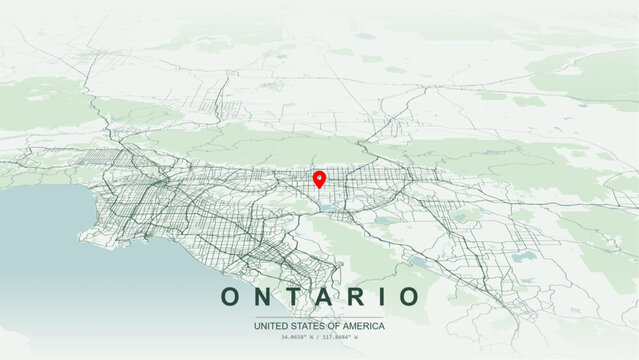 Modern minimalist vector map of Ontario, California, USA. High-quality scalable illustration of Ontario city grid, Interstate 10, Interstate 15, State Route 60 for posters design.