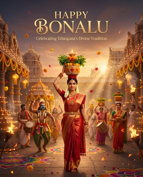 Woman carrying offering pot for bonalu festival celebration in temple
