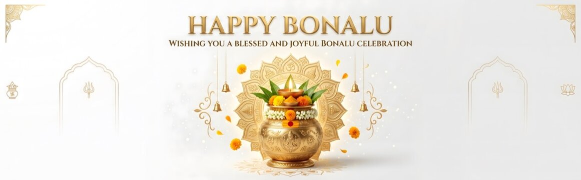 Happy bonalu festival greeting banner with traditional golden pot