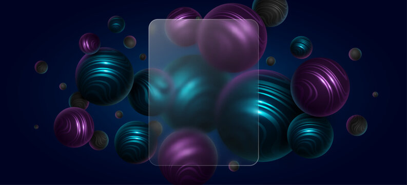 Futuristic semi transparent frosted rectangle glass panel with morphism effect surrounded by purple and blue glossy 3D spheres textured with striped wavy pattern. Vector illustration.