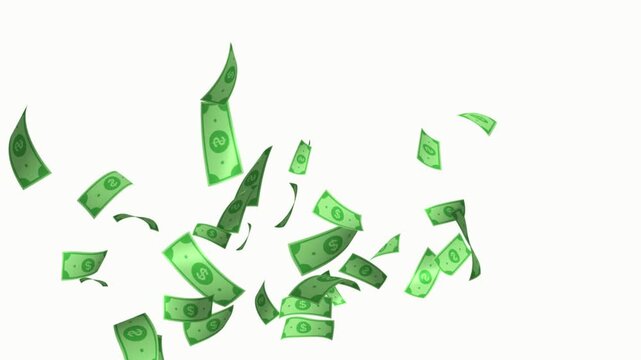 2d falling dollar banknotes animation, banknotes explosion, Alpha Channel. Ideal for concepts related to wealth, finance, success, winning, and economic growth. 4k video