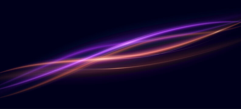 Abstract background featuring flowing neon light waves in vibrant purple and orange tones on a dark backdrop. Colorful smooth luminous curves or light trail. Vector illustration.