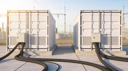 Modern energy storage containers with electrical connections on concrete pad © Snide12