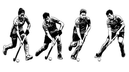 Fototapeta premium This compelling halftone vector artwork depicts the intense action of field hockey, showcasing athletic skill, teamwork, and competitive spirit in a dynamic composition.