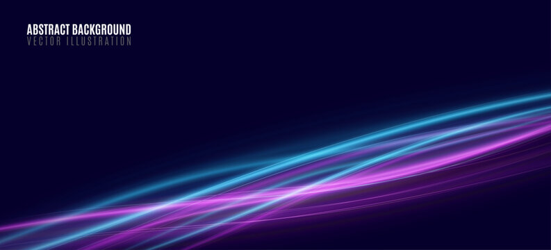 Abstract background featuring flowing neon light waves in vibrant purple and blue tones on a dark backdrop. Colorful smooth luminous curves or light trail. Vector illustration.