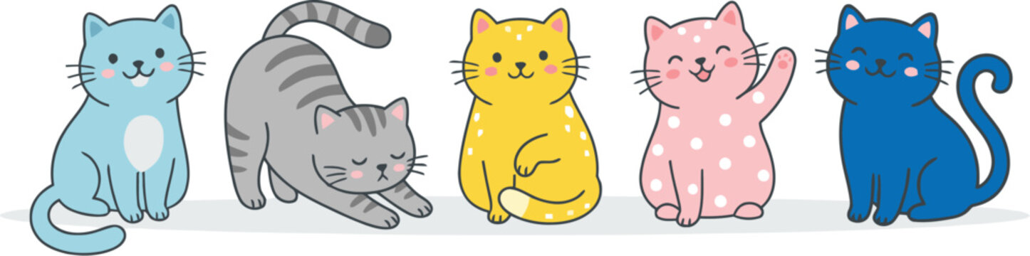 Five cute cartoon cats in different colors
