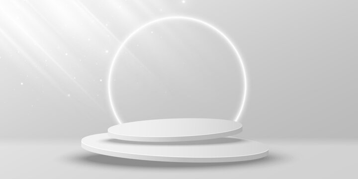 Minimalist white 3D product display podium featuring two levitating overlapping circular stages with glowing neon arc and soft light rays on a clean gray studio background. Vector illustration.