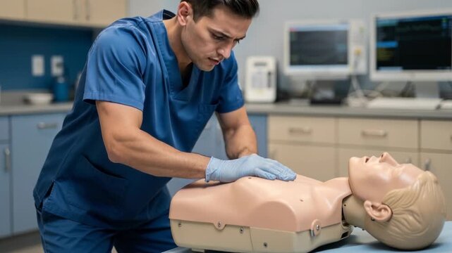 Medical student in blue scrubs practicing CPR chest compressions on lifelike training mannequin