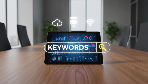 Digital marketing concept with keywords search bar on tablet screen displaying financial charts and analytics data in professional meeting room with blurred office background.