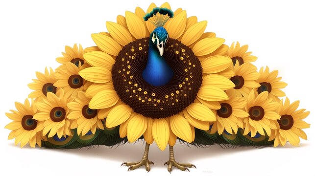 Whimsical cartoon peacock with full sunflower bloom tail feathers, clean white background soft botanical wildlife hybrid illustration for children book page