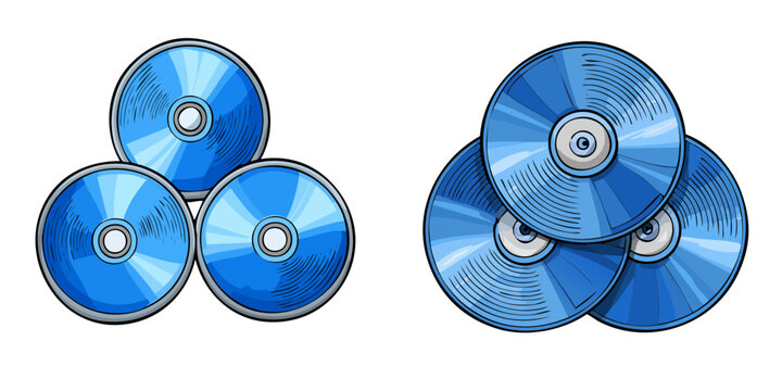 Grouped set of blue digital media discs stacked in two distinct arrangements for storage and data
