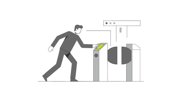 Person placing finger on biometric scanner at electronic security turnstile gate to gain access to restricted area.