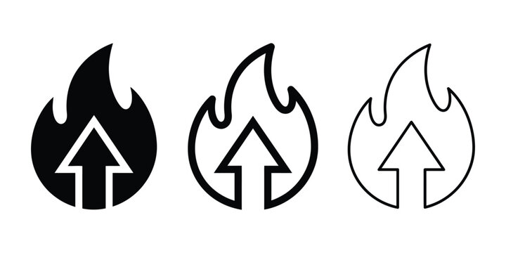 Flame with upward arrow icon silhouette vector, bold outline and line art design