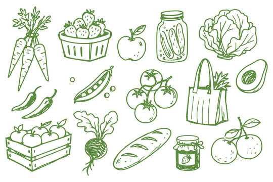 Farmers Market Food Doodle Set Vector Illustration