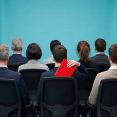 Fototapeta premium Businessman Hiding a Confidential Red Folder During Corporate Meeting, Concept of Secrecy, Fraud and Whistleblowing