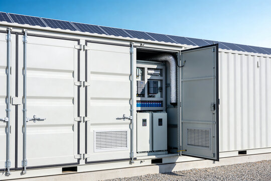 Containerized solar power storage system with open access panel