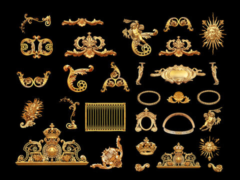 Set of classic golden baroque architectural ornaments isolated black background.