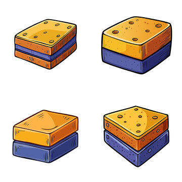 Set of cartoon sponges for cleaning and washing surfaces