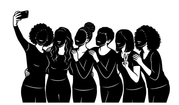 Group of Women Taking Selfie Silhouette Vector Illustration with Smartphone
