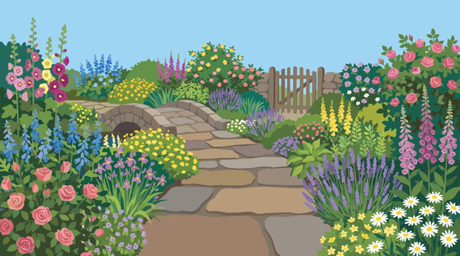 Stepping Stone Path Through Lush Cottage Garden
