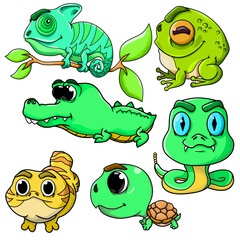 Obraz premium Cute cartoon reptile amphibian set
