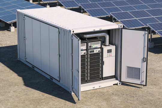 Containerized battery energy storage system next to solar panels