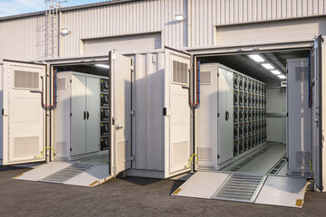 Containerized battery energy storage system with open doors and ramps © Snide12