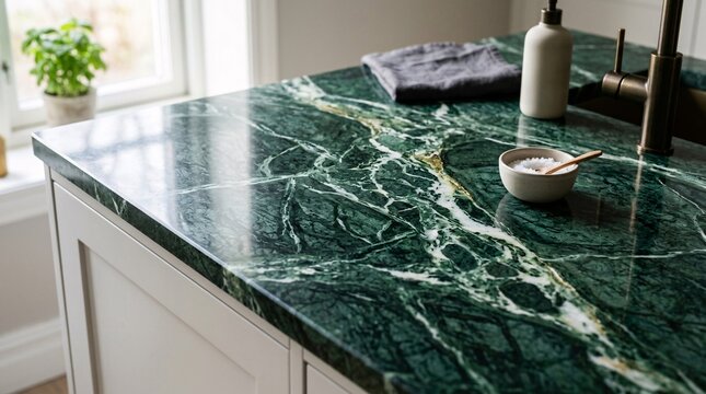 Close-up perspective of a sleek kitchen countertop with emerald green marble veining on a polished stone surface reflecting soft daylight.