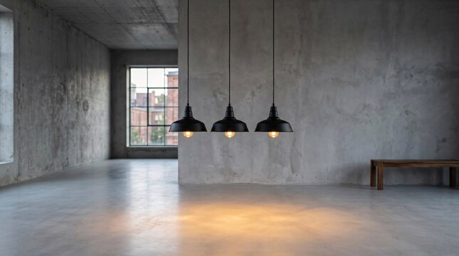 Contemporary loft studio with three hanging black dome pendant lights casting a warm vintage amber glow down onto a smooth grey floor.